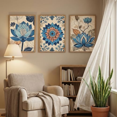 Image of Livin'luxe Set of 3 Blue Lotus Floral Wall Paintings for Living Room Bedroom Home Decor, Textured Artwork with Premium Wooden Color Synthetic Frame (25.5 x 19.5 Inch) NM03-53