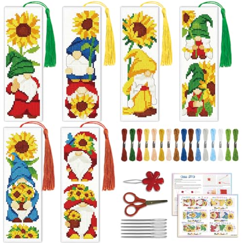 Image of ACRNIGHEET 6PCS Cross Stitch Bookmark Kit for Beginner Gnome Stamped Cross Stitch Kits Needlepoint Kit for Adults DIY Tassel Embroidery Bookmark Kits with Instructions Craft Gift 8.5 inchx3 inch 11CT
