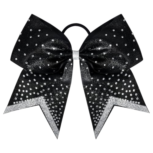 1 PCS Large Glitter Cheer Bows 8" Rhinestones Hair Bows Sparkly Cheerleading Softball Team Bow Hair Ponytail Holder Accessories for cheerleaders football Competition Sports- Black