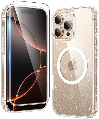 Image of FNTCASE for iPhone 16 Pro-Max Case: Clear Magnetic Phone Cases Compatible with Magsafe Slim Anti Yellowing Military Grade Drop Protection Rugged Protective Transparent Cell Cover (B-Glitter Magnetic)