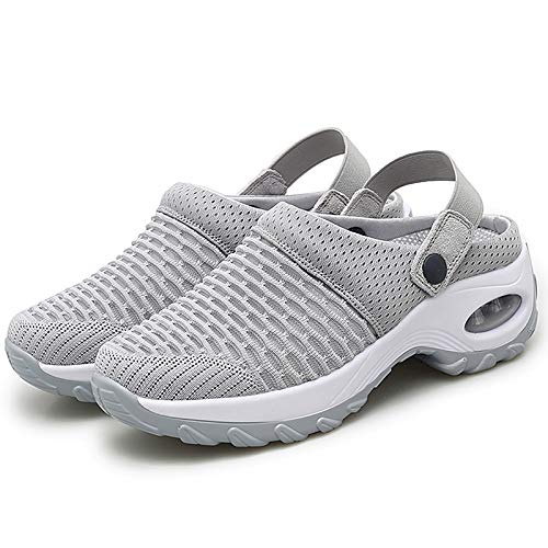 Trsorini Mules Clogs For Women Summer Air Cushion Platform Mesh Mules Sneaker Sandals For Female Lightweight Beach Shoes Outdoor Slippers Walking Shoes Grey Size 8.5 #TOP3