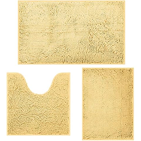 RUN HELIX Bathroom Rugs Sets 3 Piece, Luxurious Chenille Bath Mat Set - Soft Plush Bathroom Rugs with Non-Slip PVC Backing, Quick-Drying Ultrafine Fiber Toilet Mat, Cream Cover