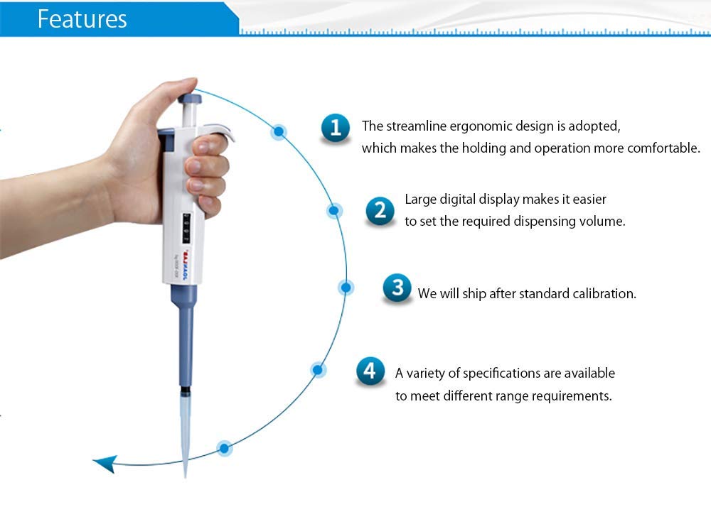 CGOLDENWALL Pipeta Kit: 5 Pipetas de Volumen Ajustable de 0.1-2.5μl, 10-100μl, 100-1000μl, 1-10ml; Soporte de Pipetas; Puntas de Pepitas - para Prueba de Muestreo Transferencia de Líquido
