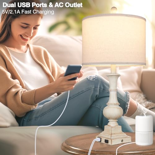 Lolikit 26 Inch Farmhouse Table Lamps, Table Lamps For Living Room Set Of 2 With Usb A+C Ports & Ac Outlet, Vintage Rustic Touch Control 3-Way Dimmable Boho Nightstand Lamp White Washed Resin For Bedroom Deocr thumb #3