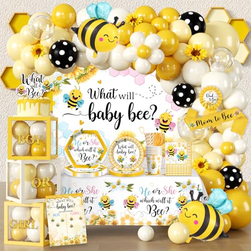 Fexivo 294Pcs What Will Baby Bee Gender Reveal Decorations All-in-One Party Set Serves 25 with No-DIY Thick Plates and Cupcake Toppers Easy Setup for What Will It Bee Themed Party