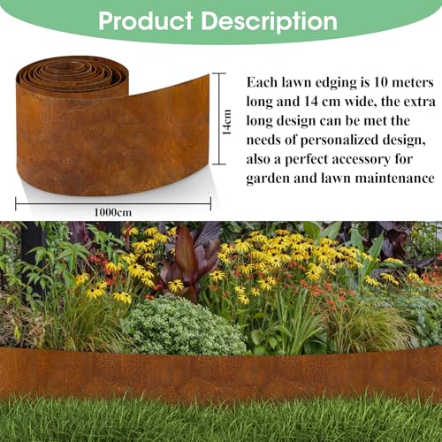 Vehipa Garten Rasenkante aus Cortenstahl 10m, 14cm Höhe Cortenstahl Rasenkante für DIY-Rasen, Rasenkantenband mit Rost inklusive 1 Paar Handschuhe, Rasenkanten Corten-Stahl Beeteinfassung für Garten