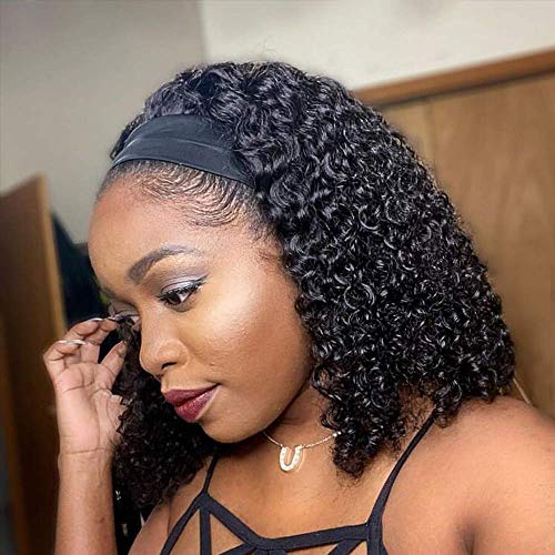 Flandi Headband Wigs Natural Looking Curly Wigs for Black Women None Lace Deep Curly Headband Wigs Short Curly Synthetic Headband Wigs for Black Women Wigs with Headbands for Black women (1B#)