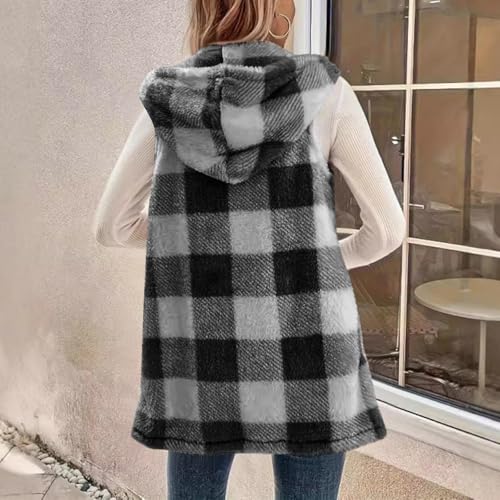 Women Sleeveless Plaid Hooded Shacket Fuzzy Sherpa Fleece Vest Long Lightweight Flannel Shirts Soft Warm Outerwear4