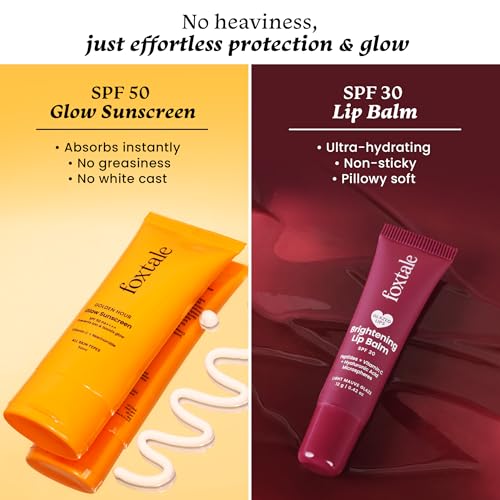 Image of Foxtale SPF Power Pair | SPF 50 Glow Sunscreen & SPF 30 Brightening Lip Balm | Broad Spectrum UV Protection | Prevents Tanning & Pigmentation | Hydrates & Brightens Skin & Lips | With Vitamin C, Niacinamide, Peptides & Hyaluronic Acid | Lightweight, Non-Greasy, No White Cast | Daily Face & Lip Sun Protection