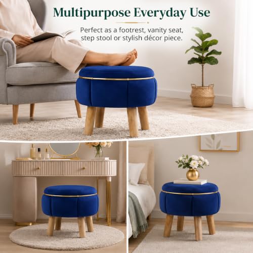 Image of Velvet Upholstered Round Ottoman Footstool | Anti-Slip Feet | Multipurpose Footrest, Step Stool & Vanity Seating & Decor | 40 x 30 cm (16 x 12 Inch) | Royal Blue