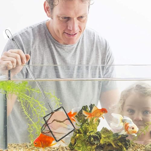BUKYCAT Kescher Fischnetz, Aquarienkescher mit Teleskopstiel, aus Rostfreiem Stahl, zum Fangen von Kleinen Fischen und Garnelen und zur Reinigung des (Quadratisch, Schwarz)