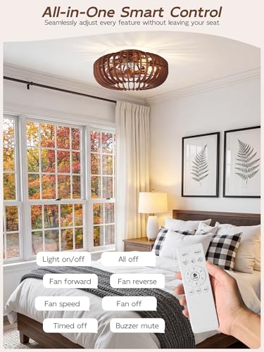Image of 20 inch Wood Ceiling Fans with Lights Flush Mount, Caged Farmhouse Rustic Ceiling Fan with Light Remote Control, Wooden Low Profile for Bedroom, Living Room, Nursery