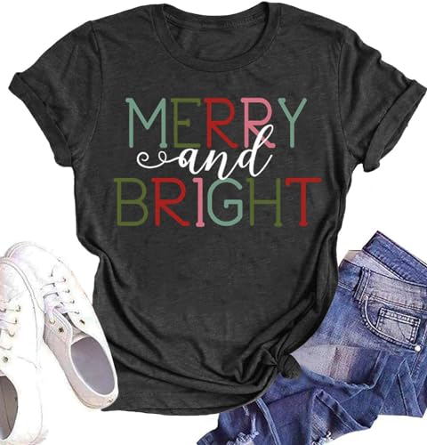 Woffccrd Womens Funny Christmas Shirts Merry and Bright T-Shirts Christmas Tree Shirts Merry Christmas Graphic Tee Tops (M,2 Dark Grey)