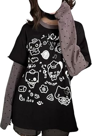 Y2K Emo Grunge Teen Girl Shirts Women Cutecore Long Sleeve Striped Graphic Tshirt 2000s Alt Top Clothes