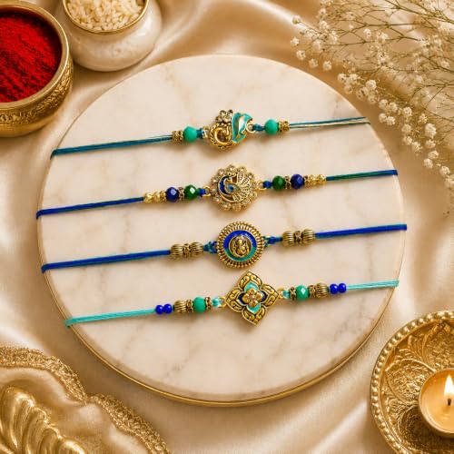 Image of Dreamica Set of 4 Designer Rakhi for Brother | Combo with 'My Brother is Awesome' Fridge Magnet, Tilak Set (Roli-Chawal), and Greeting Card | Best Rakhi Gift for Brother (Rakhi-91)