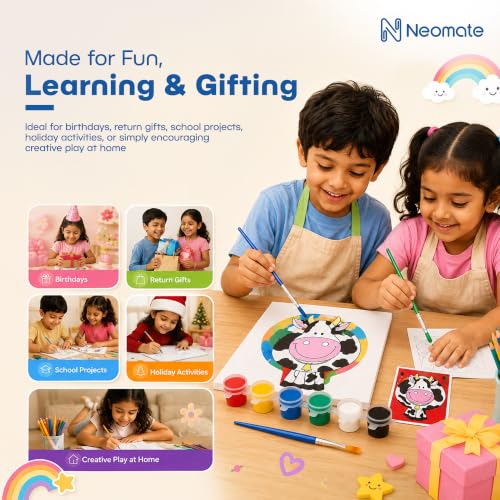 Image of Neomate Canvas Painting Kit for Kids | DIY Painting Set with 3 Printed Canvas, 6 Acrylic Paint Pots & Brush | Art and Craft Kit, Paint Kit for Kids, Birthday Gift, Return Gift, Creative Activity Set