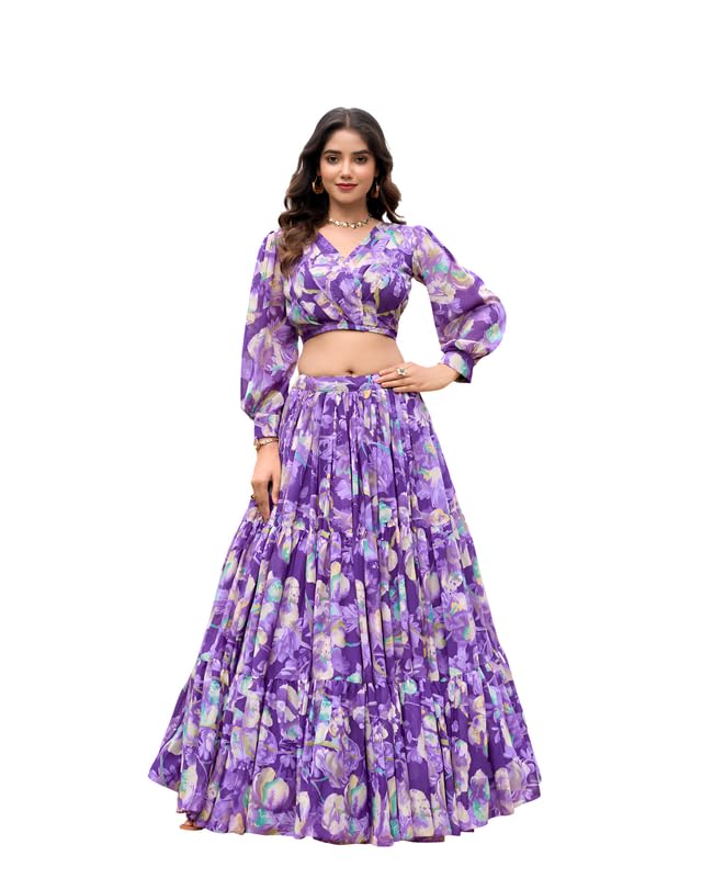 kaizen texo fab Women's Purple Floral Printed Lehenga Choli Set | Lightweight Georgette Fabric | Flowy Flared Skirt | Ethnic for Women (Milli Flower 3 Layer)-picture-40