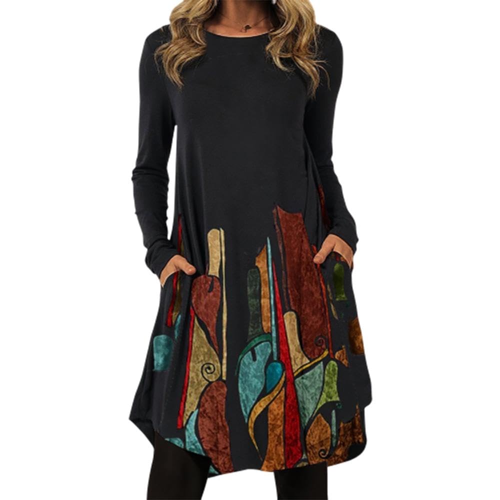 Akivide Women’s Ethnic Style Floral Printed Long Sleeve Maxi Dress Fall Casual Loose Crewneck Dresses with Pocket for Women