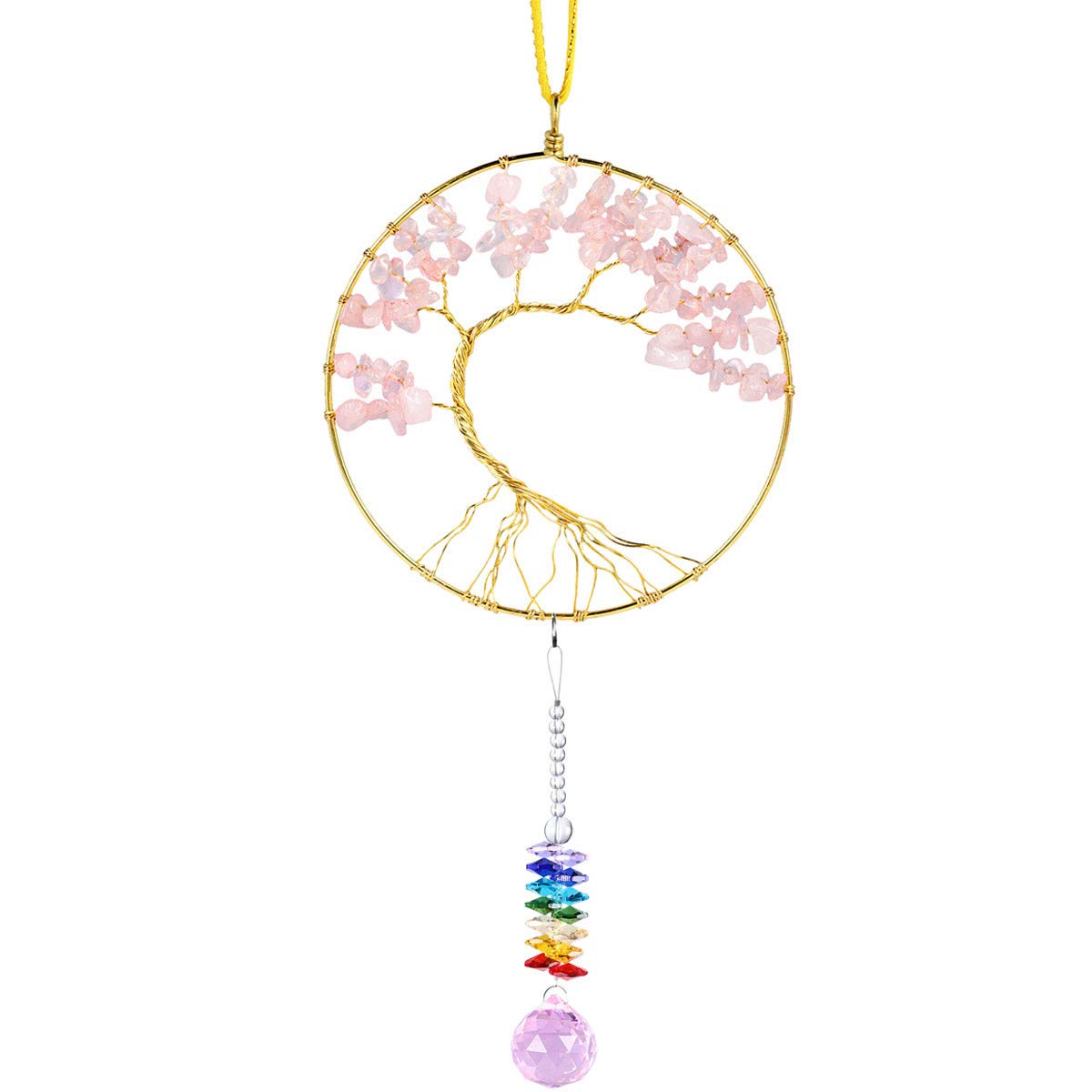 mookaitedecor Rose Quartz Crystal Tree of Life Hanging Ornament, Sun Catcher with Crystal Ball Prism for Wall Window Home Decor 17-18 Inch