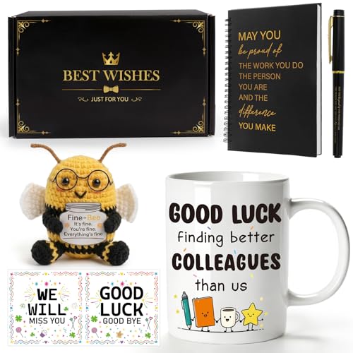 Leaving Gifts for Colleagues Women Men Funny Farewell Gifts for Colleagues with Mug Hand-crocheted Bee Notebook New Job Goodbye New Beginnings Sorry Your Leaving Present for Coworker Work Bestie