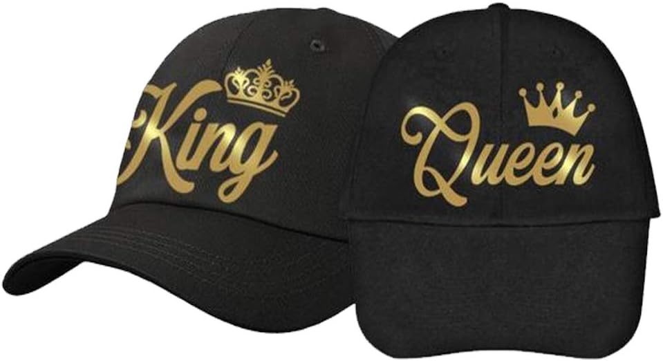 ADYK Men's and Women's Cotton King Queen Printed Cap for Couple (Black) -Set of 2