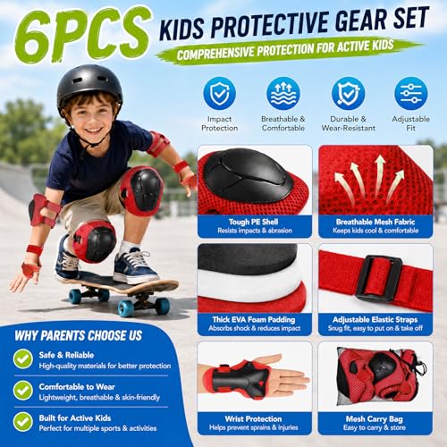 Rodilleras y coderas para niños juego de protección de 6 piezas color rojo 6