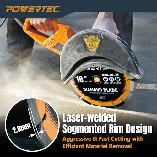 Image of POWERTEC 10 inch Laser-Welded Segmented Diamond Saw Blade for Wet Tile Saw, Diamond Blade for Cutting Cured Concrete, Block, Brick, Pavers, Masonry, 10 inch Diamond Blades for Wet /Dry Cutting, 1PK (14012)