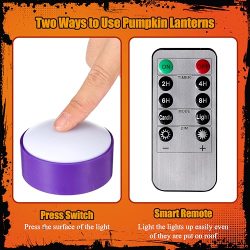 Image of Riakrum 6 Pieces Halloween Remote Timer LED Lights with Remote Summer Halloween LED Pumpkin Lights Battery Operated Lantern Bright Flameless Candle(Purple,Purple Light)