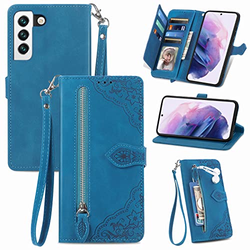 Sacoche téléphone Samsung S22 5G étui rabat porte-carte et fermeture éclair bleu