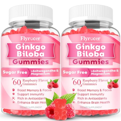 Flyrocer 2 Pack Ginkgo Biloba Gummies for Adults & Kids Ginkgo Biloba Supplements for Focus Memory and Brain Health Vegan Sugar-Free Raspberry Flavor 120 Count