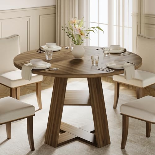 47.2 Inches Round Dining Table for 4 to 6 with Open Storage Space,Walnut - image 2
