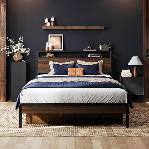 Image of LIKIMIO Full Bed Frame with Headboard, Dark Wood Camas Full with Strong Supports, Sturdy, Noise-Free, No Box Spring Needed, Dark Walnut