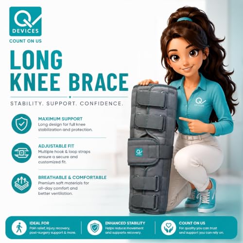 Image of Q DEVICES Long Knee Brace 22 inch Rigid Support, Immobilizes & Stabilizes Knee, & Relieves Pain With Optimal Comfort, Adjustable Strap, Anti Slip Design,Unisex (XXL)