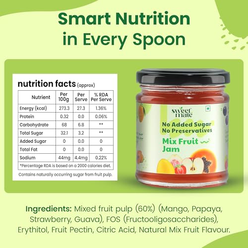 Image of Sweetmate Mix Fruit Jam for Kids and Adults - (220g) | 100% Pure No Added Sugar | With Real Fruit Pulp | Naturally Sweetened | Diabetic and Keto Friendly | Delicious Jam (Pack of 2)