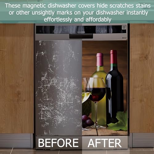 Image of Dishwasher Magnets Decorative Cover,Grape Wine Glasses Refrigerator Magnet Cover,Washable Modern Wine Bottle Dishwasher Front Panel Cover Home Kitchen Decoration 23x26 Inch