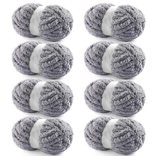 8 Pack Chunky Chenille Blanket Yarn for Hand Knitting and Crocheting - Jumbo Fluffy Super Bulky Yarn 28.4 Yds 7.7 Oz Each Skein (Blue Gray)