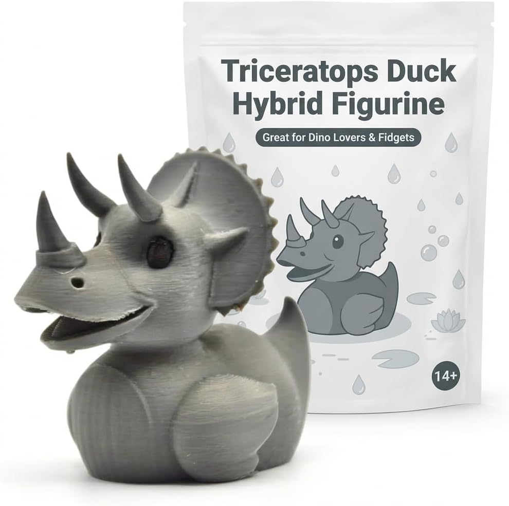 Triceratops Duck Hybrid Collectible Figurine - Detailed Gray Dinosaur Desk Decor for Unique Shelf Display or Gift - 3D Printed in Canada
