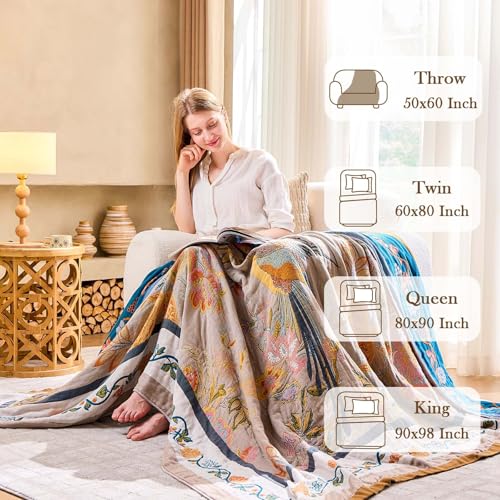 Image of XIBLC Boho Blanket, 100% Cotton Farmhouse Decorative Throw Blanket, 80 inchx90 inch Reversible Bohemian Throw Blanket, Brown All Season Muslin Breathable Woven Blankets Quilt