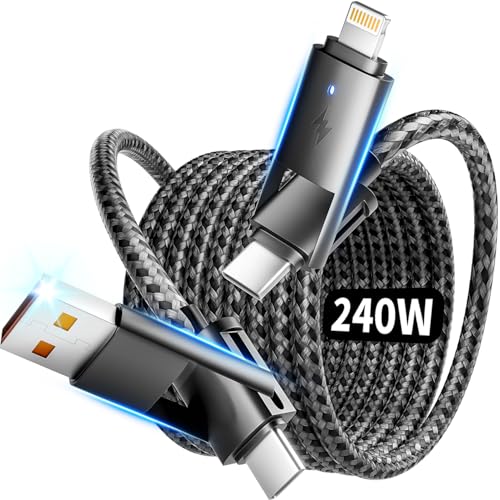 240w 4 in 1 Charging Cable, Fast Charger USB C to Lightning Cable, Braided USB to USB C Cable, Travel Essential Multi Charging Cable for iPhone 16/15/14 Series/Pad/MacBook/Galaxy/Laptops and More[5FT]