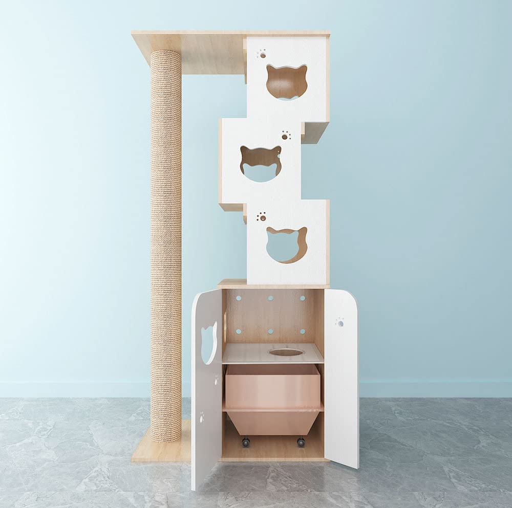 CatS Design drapak i kuweta dla kota 2 w 1 dąb biały szlachetny, stabilny, z szafką dla kota