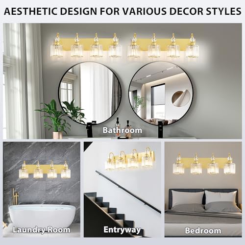 Image of Bathroom Vanity Light Fixtures Over Mirror - Makeup Lighting Pure Gold - for Modern Wall, Bath, Desk, Farmhouse, Hallway - 4 Crystal Lights