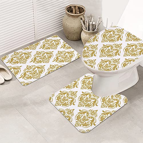 3 teiliges Badematten Set rutschfest U-FöRmige Duschvorleger,Gold und Weiß, barockes viktorianisches antikes Design mit… – Bild 6