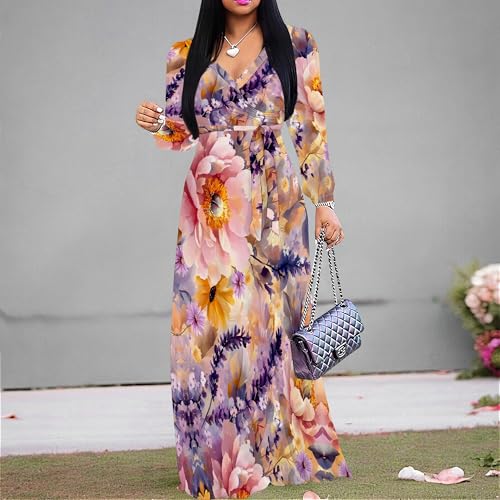 Image of PinkPatty Women's Long Sleeve Maxi Dress Plus Size Trendy Wedding Guest Dress with Pockets&Belt