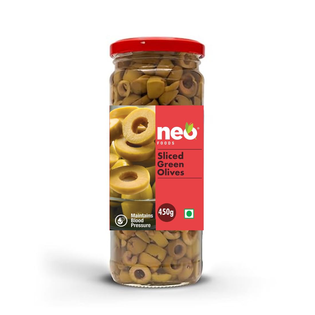 Sliced Green Olives 450g l 1 Jar l Low Fat Ready-to-Eat Healthy Snack, Source of Fibre l Enjoy as Topping for Pizza & Pasta l 450g
