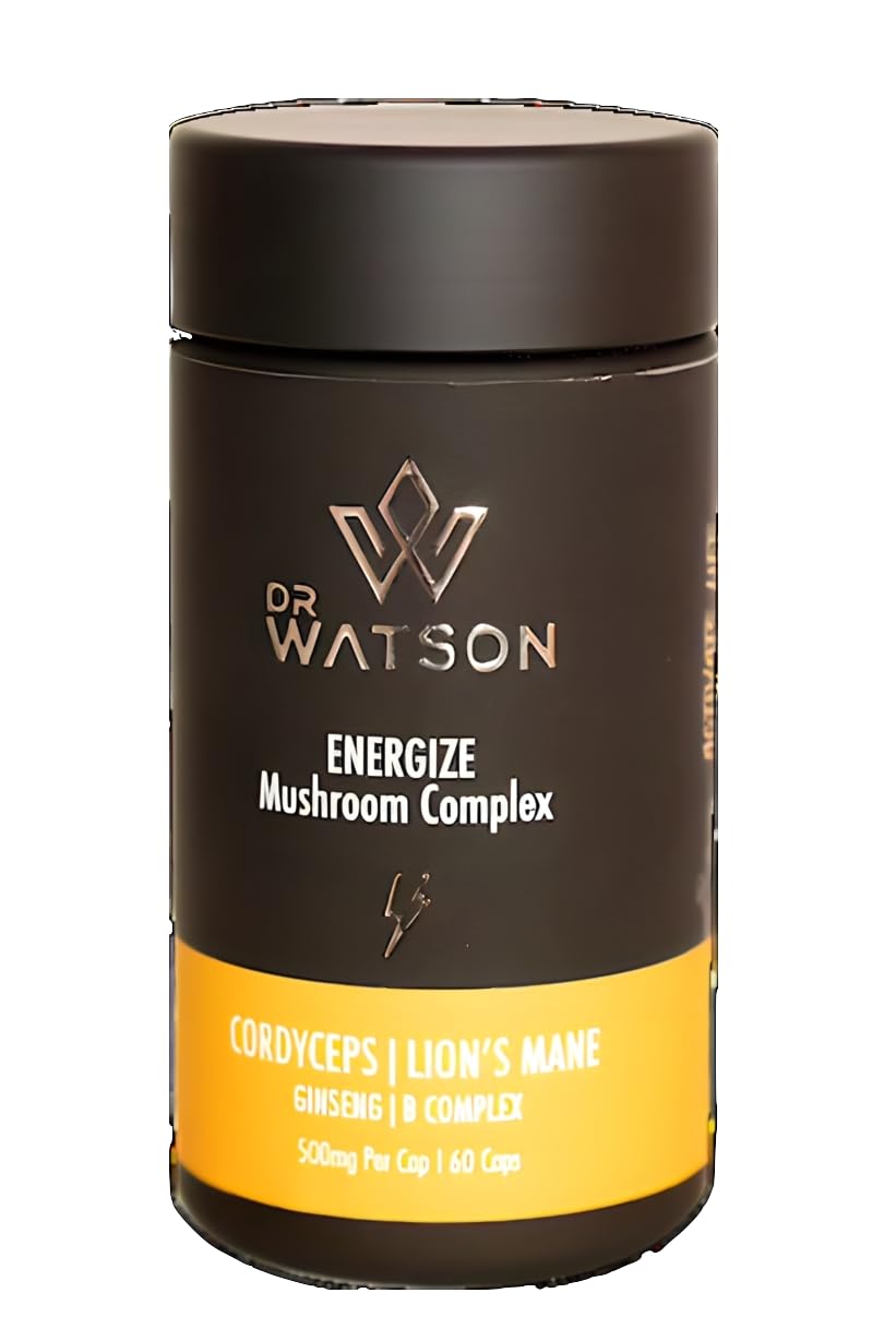 Dr WatsonEnergize Max Mushroom Supplement & Multivitamin Capsules| Cordyceps Lions Mane Vitamin B Complex Ginseng | Boost Your Performance | 60 Capsules