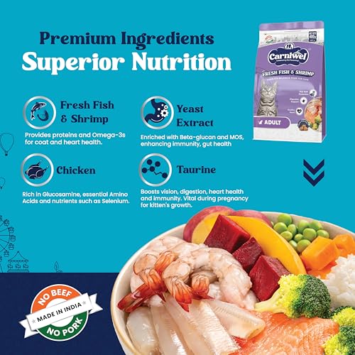 Image of Carniwel Fresh Fish & Shrimp Adult Dry Cat Food 400 gm | Fresh & Natural Ingredients | Highly Palatable | Supports Healthy Skin & Glossy Coat | Premium Nutrition for Cats