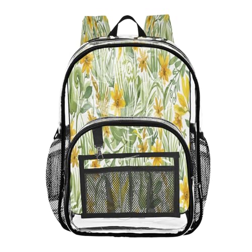Mochila transparente de flores amarillas con bolsillos para estadios