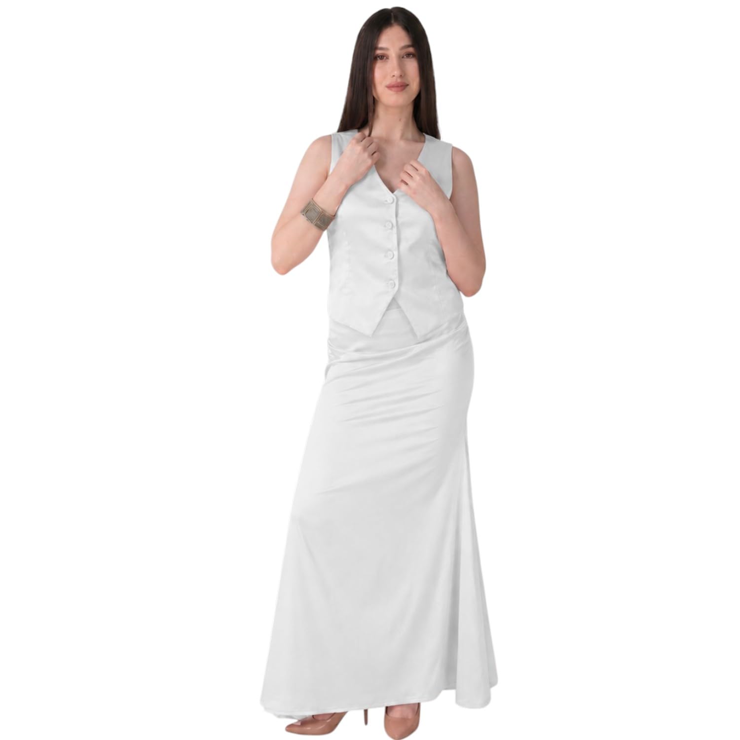 sizi Women's Satin Solid Co-Ord Set| Women's, 2-Piece, Co-Ord Set, V-Neck, Waist Coat and Long Skirt.-picture-40