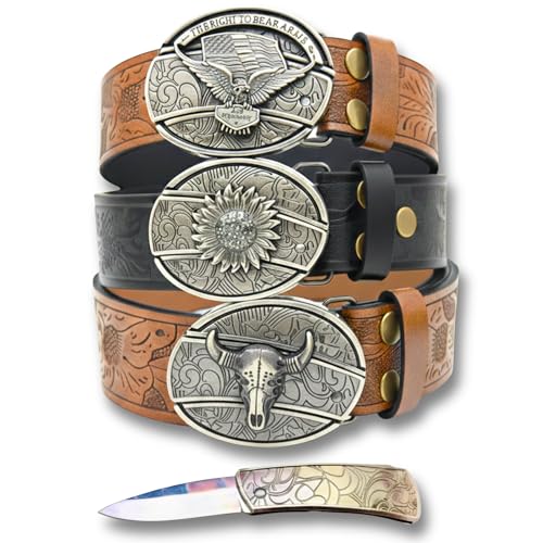 KOWBY Original Hidden Knife Leather Belt – Cowboy Buckle, Mens & Womens Western Style, Black & Brown, 3 Pack for Cowboys & Cowgirls