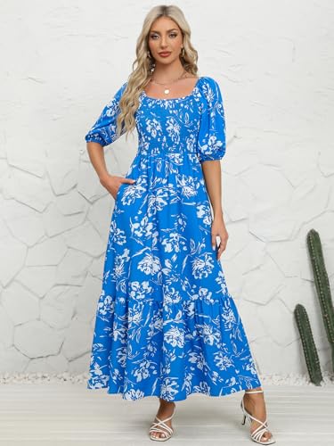 Image of Lyrur Summer Boho Smocked Maxi Dresses for Women Casual Puff Sleeve Square Neck A Line Tiered Ruffle Ankle Length Dress